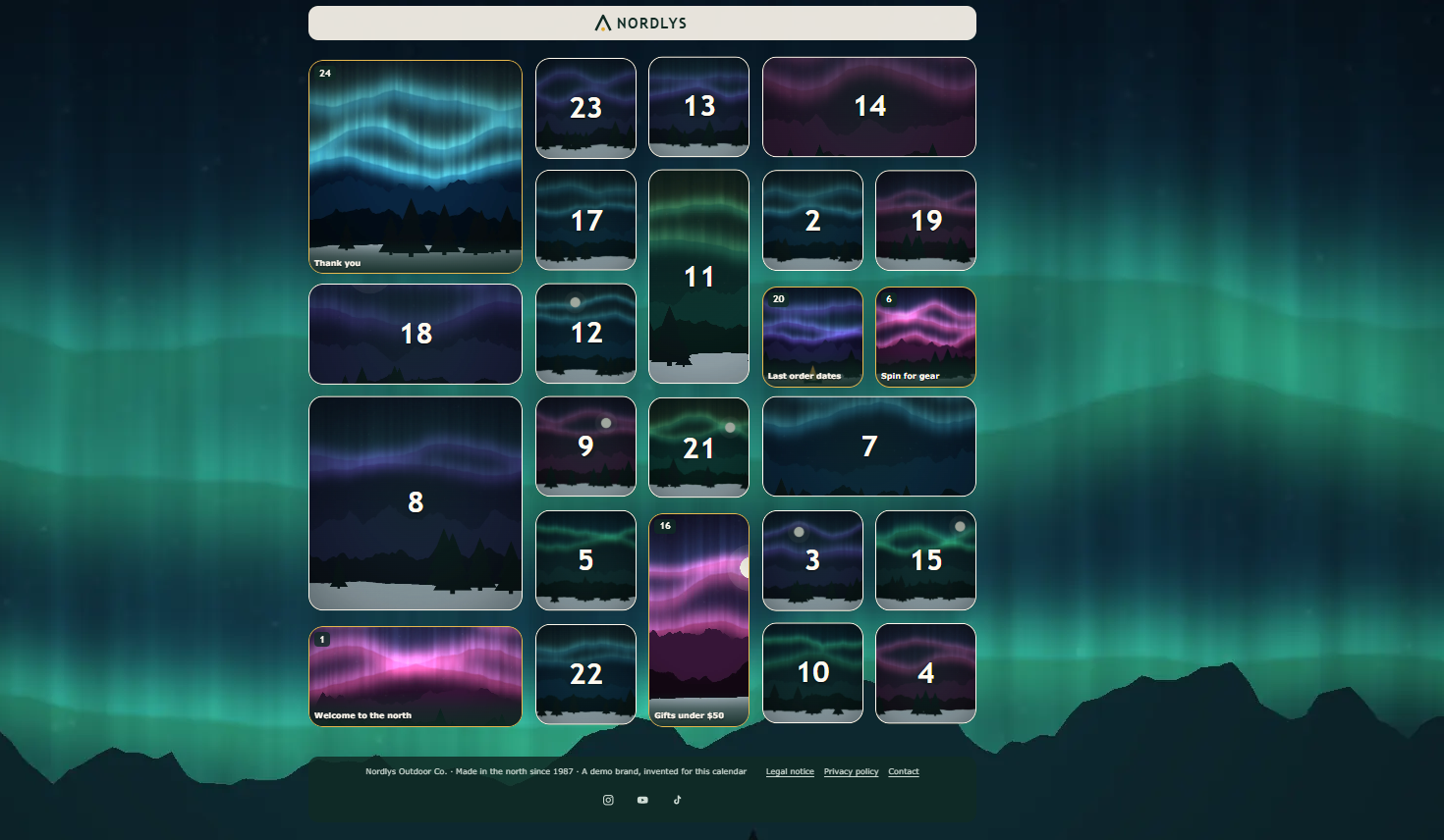 Démo Nordlys : calendrier de l'avent aux 24 portes illuminées